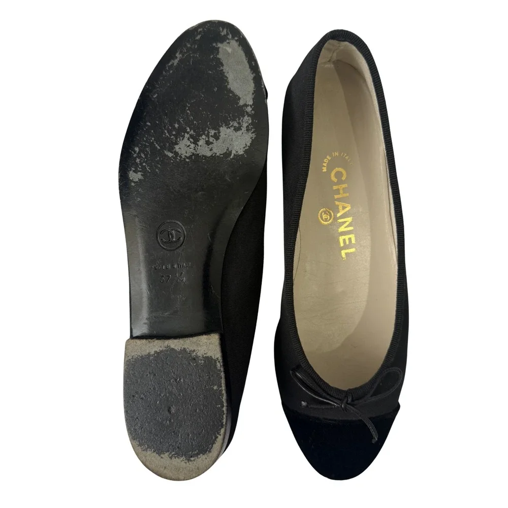 Chanel Black Grosgrain and Velvet Bow Ballet Flats